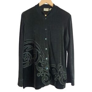 CHICOS Travelers Women’s Black Button Down Embroidered Jacket, Black, 2